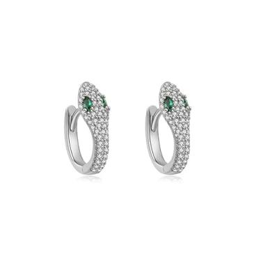 Imagem de Brincos de argola de cobra para mulheres, ouro, prata, pedra verde, zircônia cúbica, brincos pequenos, joias modernas, presente para festa de aniversário, Diameter: 2 cm, Metal, Zircônia cúbica