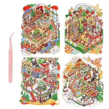 Imagem de ZSYTZL 4 adesivos 3D DIY cena, lindo adesivo de cena em miniatura livro silencioso com loja de Natal mini decoração de quarto telefones celulares manuais adesivos de garrafa de água para adolescentes