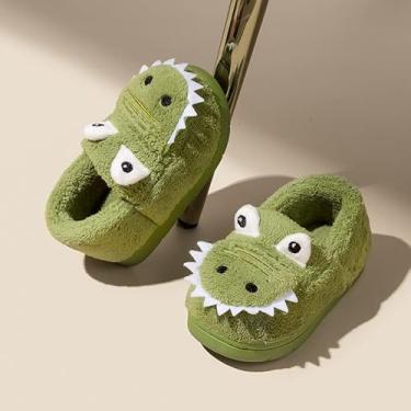 Imagem de Pantufas infantis para meninos e meninas, dinossauro, para casa, interior, inverno, quarto, antiderrapante, sapatos quentes, Verde, 21-22
