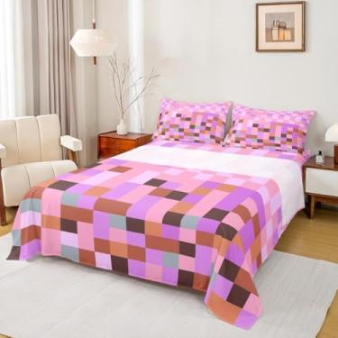 Imagem de Manfei Jogo de lençol Queen com blocos de videogame, geométrico, colorido, xadrez, rosa, roxo, decoração de quarto de adultos, tema de grade de pixels, lençol com elástico, 2 fronhas
