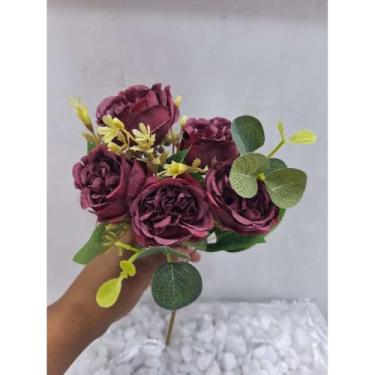 Imagem de Ramo Decorativo com 5 Rosas Artificiais para Arranjo – Flor para Decoração de Casa 30cm (Marsala,5 Unidade)