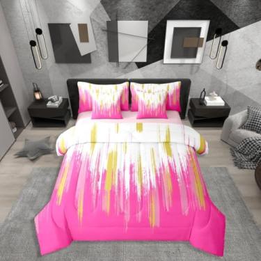 Imagem de Erosebridal Conjunto de edredom King rosa choque com lençol para crianças, adolescentes e adultos, pintura a óleo moderna, abstrata, 7 peças, amarelo, branco, rosa, pinceladas, graffiti, arte em uma