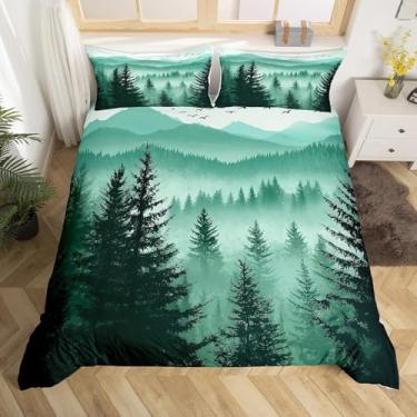 Imagem de Erosebridal Capa de edredom Queen verde-oliva montanha pinheiro floresta floresta floresta natureza paisagem capa de edredom para crianças adolescentes adultos, conjunto de cama leve macio 3 peças