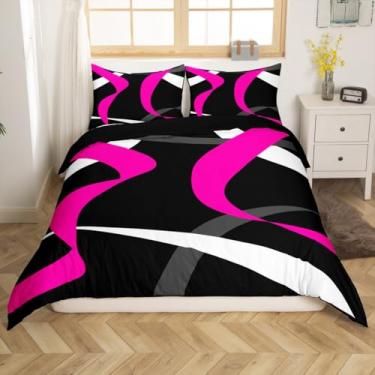 Imagem de Erosebridal Capa de edredom cinza preto rosa choque cinza branco listrado abstrato conjunto de cama Queen para crianças, meninas, adolescentes, mulheres, listras geométricas, conjunto de cama moderno
