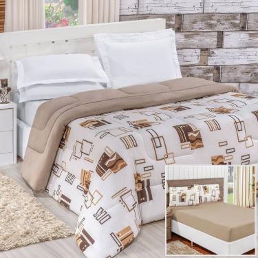 Imagem de Edredom 2,60m X 2,40m + Jogo De Cama Malha Quality King 04 Peças 100% Algodão - Avelã