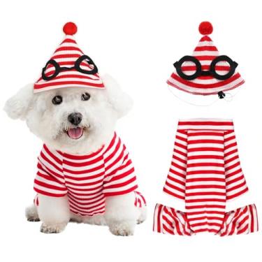 Imagem de 2 camisetas listradas vermelhas e brancas com chapéu combinando, fantasia de Halloween de cachorro para festa de cachorrinho (2GG)