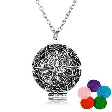 Imagem de Lindo Colar Aromático Difusor de Óleos Essenciais, Medalhão Vintage Cor Prata, Design Floral com 5 Almofadas Coloridas
