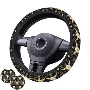 Imagem de Capa de volante Bull Skull com 2 porta-copos de carro antiderrapante de neoprene para mulheres e homens, conjunto universal de 38 cm, elegante e prático