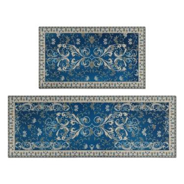 Imagem de zhinvdzuyu Conjunto de 2 tapetes de cozinha vintage, azul escuro, estilo boêmio, para casa de fazenda – antiderrapante lavável para pia, lavanderia, escritório | decoração de casa de férias (43 x 119