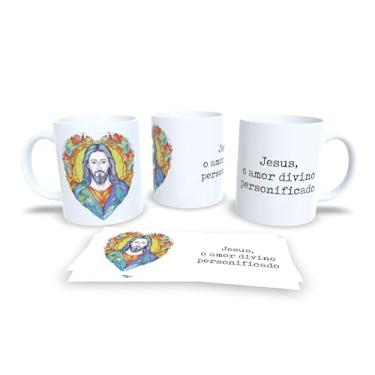 Imagem de Caneca Religiosa com Terço, Com o Terço Renovo Minha Devoção, Porcelana Branca, Design Artístico em Tons Pastéis (13754)