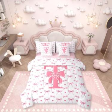 Imagem de Erosebridal Conjunto de edredom solteiro com letra T, 7 peças, com laço rosa em uma bolsa, nó de borboleta, para crianças, meninos, meninas, estilo princesa sonhadora, conjunto de lençol com edredom