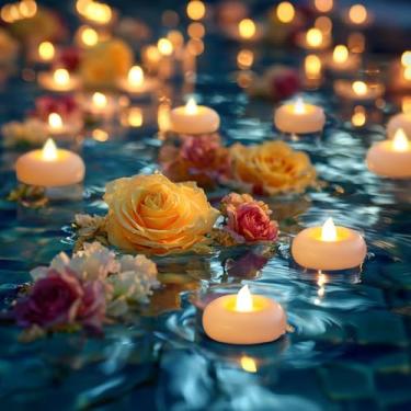 Imagem de 5plots Velas flutuantes sem chama, 5 cm, branco, à prova d'água, luzes de LED para vasos de casamento, centros de mesa, decoração de piscina, decoração de 200 horas (pacote com 48)