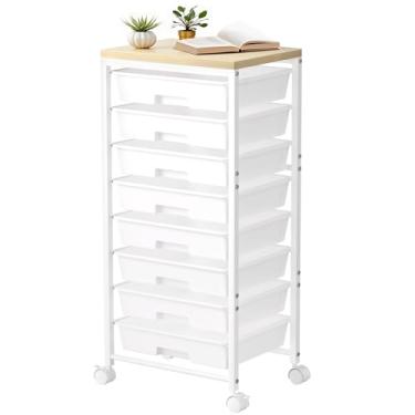Imagem de Carrinho de rodinhas com 8 gavetas, carrinhos de armazenamento de gaveta de plástico com rodas e mesa de madeira, organizador de carrinho utilitário de metal para quarto, sala de estar, escritório