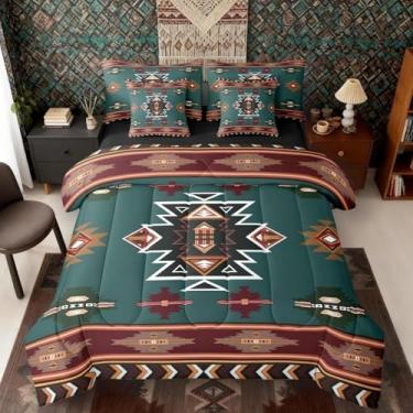 Imagem de Erosebridal Conjunto de edredom King com lençol ocidental | Conjunto de cama geométrico de 7 peças, casa de fazenda, asteca, listras, diamante, triângulo, verde, verde