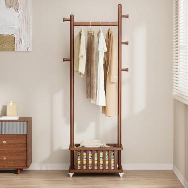 Imagem de Taitiy Cabideiro de madeira maciça, cabideiro independente com cesta de armazenamento e 5 ganchos, árvore de casaco resistente para entrada, sala de estar, suporte de cabide para chapéus, bolsas de