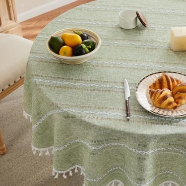 Imagem de ZeeMart Toalha de mesa boho listrada bordada com bainha 152 cm, verde claro, toalha de mesa pesada de estopa de linho sálvia, resistente a vincos, lavável para mesa redonda