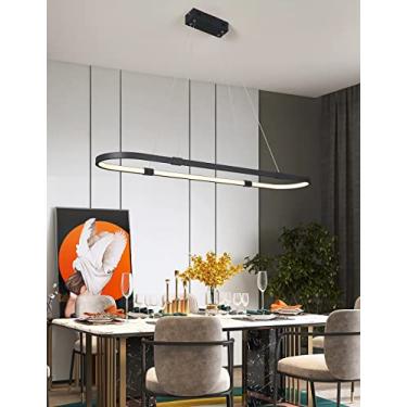 Imagem de Luminária pendente LED moderna para escritório, sala de jantar ou mesa de jantar, com design em anel, dimerizável e controle remoto. O formato oval, com altura ajustável, é uma peça criativa