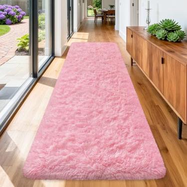 Imagem de ZJYeRug Tapetes rosa para quarto de meninas, tapete de corrida 7,5 x 25,4 cm, tapete antiderrapante para corredor de 3 m, tapete macio felpudo para sala de estar, tapetes de cabeceira felpudos