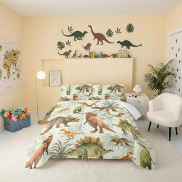 Imagem de QOOMO Conjunto de cama infantil de dinossauros 3D, animais jurássicos negros, tamanho solteiro, adequado para meninas e meninos, preto, para decorar um quarto, 1 edredom e 2 fronhas