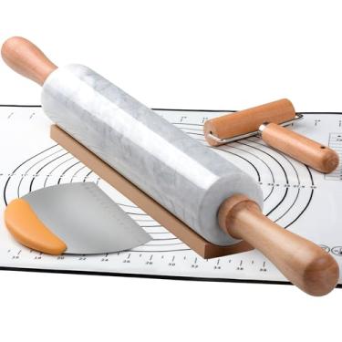 Imagem de Rolo de massa de mármore de 47 cm, rolo grande antiaderente, para fazer pizza, biscoitos, crostas de torta e macarrão. Com tapete de silicone para pastelaria, raspador de aço inoxidável e pequeno rolo
