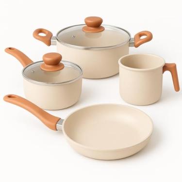 Imagem de Jogo de Panelas Antiaderentes Kit 4 Peças – Revestimento Cerâmico Premium, Tampas de Vidro Temperado, Cabos Soft-Touch, Cozimento Uniforme e Fácil Limpeza