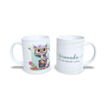 Imagem de caneca cerâmica branca 325ml dia do professor, corujinha professora, com nome personalizado e lera inicial do nome (f)