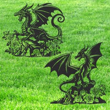 Imagem de LIRAVENO Estacas de jardim para decoração de dragão – 2 peças de estátuas de arte de metal à prova d'água para dragões externos, silhueta, decoração, pátio, gramado, quintal, passarela, Natal, Ano