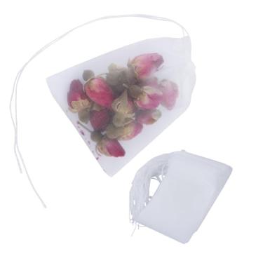 Imagem de 50 sacos de filtro de chá, sacos de chá vazios descartáveis com cordão para chá solto, seguro e limpo, material de nylon branco, saquinhos de chá vazios pequenos 7,6 x 6 cm.