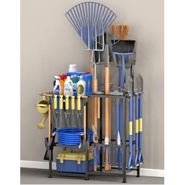 Imagem de Lovind Organizador de ferramentas de jardim, organizador de ferramentas de jardim de metal, comporta 70 ferramentas/ancinhos/vassouras, bolso lateral de jardim, rack de armazenamento de ferramentas de