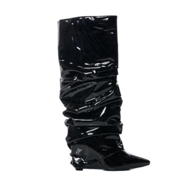 Imagem de DETOGNI Botas femininas pretas de salto alto, bico fino, sem cadarço, franzidas, enrugadas, Preto, 38