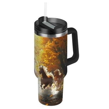 Imagem de SEHANY Copo Majestic Horse 1,134 g com tampa e canudo, aço inoxidável de vácuo duplo isolado garrafa de água esportiva suporte para copo de café de viagem à prova de vazamento para bebida gelada