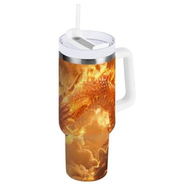 Imagem de xigua Copo vintage com estampa de dragão de 850 g com tampa e canudo, aço inoxidável de vácuo duplo isolado garrafa de água esportiva suporte para copo de café de viagem à prova de vazamento para