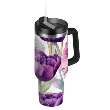 Imagem de Blueangle Copo de tulipa roxa de 1,134 g com alça e tampa de palha, caneca de viagem de aço inoxidável com isolamento a vácuo de parede dupla, garrafa de água reutilizável para academia de escritório