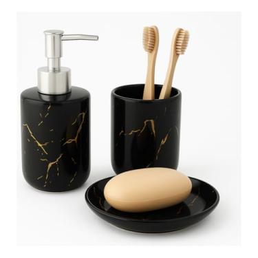 Imagem de Kit banheiro acessórios pia, com 3 Peças, dispenser sabonete líquido, porta escova e saboneteira, porta sabão liquido, dispenser sabao banheiro