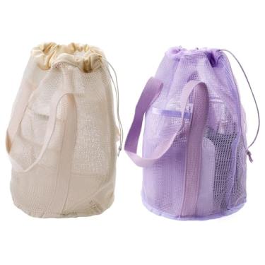 Imagem de 2 pacotes de organizador de chuveiro portátil para pendurar, bolsa de praia de malha à prova de areia, bolsa de banho com cordão com 2 bolsos para acampamento, viagem, dormitório, homens, mulheres