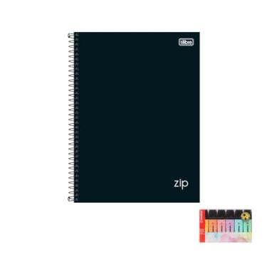 Imagem de Kit Caderno Universitário Capa Dura Zip Preto 10 Matérias 160 Folhas + Estojo Marca Texto 06 Cores Pastel