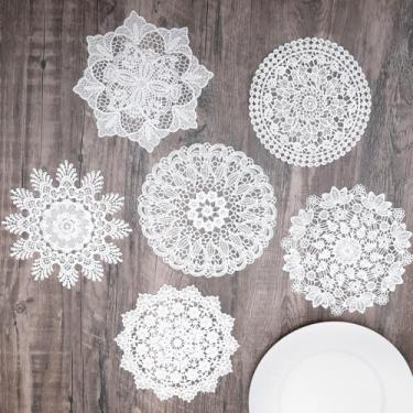 Imagem de Grevosea 6 peças de toalhas de renda para mesas, jogo americano de renda redonda de 15 cm de crochê, porta-copos de crochê feitos à mão para cozinha, sala de jantar, Natal, inverno, decoração de festa