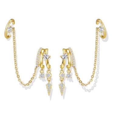 Imagem de Hefanny Brincos femininos empilhados triplos com corrente de ouro, brincos de zircônia cúbica fofa, joia delicada, presente, Medium, Cobre, Sem pedra preciosa