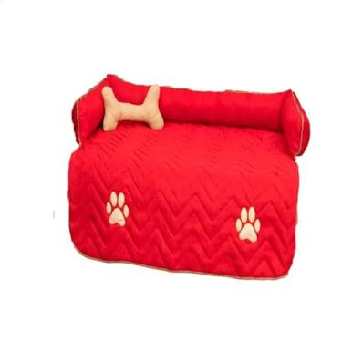 Imagem de Cama Protetora de Sofá para Cães e Gatos, Matelassê Lavável com Zíper, 86x42x15cm, Almofada Ossinho, Microfibra Poliéster, Vermelho, Quadrado, Liso