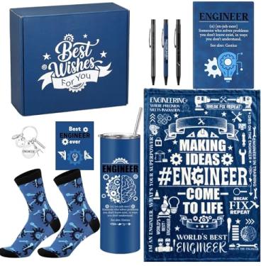 Imagem de Patelai 10 peças, presentes de engenheiro, engenharia mecânica, cobertor, caderno, canetas, chaveiro, cartão de felicitações com caixa, presente de aniversário, Natal, para engenheiro, pai, avô
