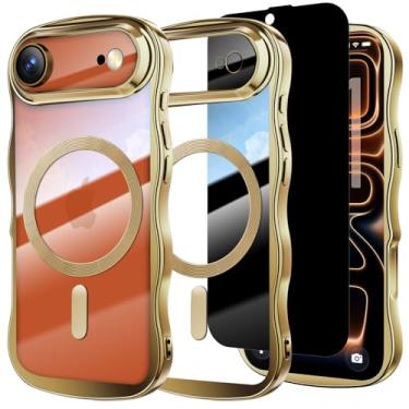 Imagem de Misscase Capa para iPhone Air com protetor de tela de privacidade, compatível com MagSafe, linda moldura ondulada antiarranhões com protetor de lente de câmera, capa brilhante para iPhone 17 Air Gold