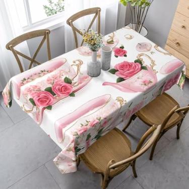 Imagem de Xícaras de chá com rosas românticas gastas – Toalha de mesa impermeável 99 x 139 cm, tecido de camurça pêssego para jantares internos e eventos ao ar livre, resistente a manchas e sem rugas para