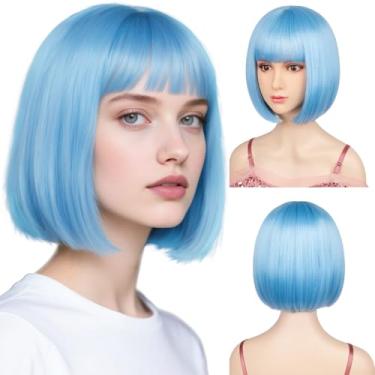 Imagem de Sarannala Peruca Bob com franja plana 30,5 cm curta azul enevoado Inclui touca de fibra sintética de cabelo para mulheres, meninas, festa à fantasia de Halloween (azul misty)