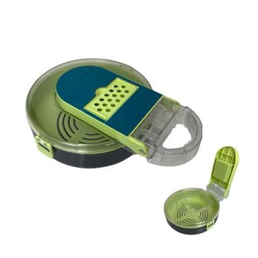 Imagem de Ralador e Fatiador de Vegetais Redondo, 15 Peças, 7 Lâminas em Aço Inoxidável, Cinza com Verde, 24cm Diâmetro x 8cm Altura, com Cesto Escorredor