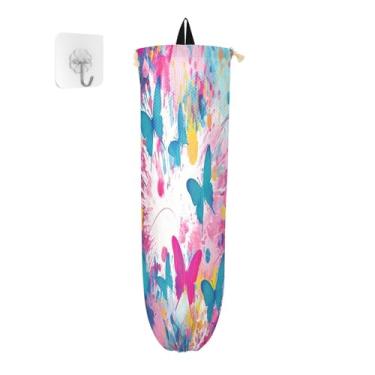 Imagem de Wassud Pacote com 2 porta-sacos plásticos de borboletas coloridas, suporte de parede para sacola de mercearia, armazenamento de cozinha para decoração de despensa de cozinha em casa