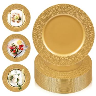 Imagem de PROY 100 placas de carregamento douradas a granel, placa de carregamento antiga com acabamento de folha de 33 cm, bandeja de carregador redonda reutilizável de plástico para mesa, casamento, festa