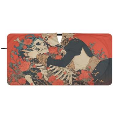 Imagem de CEBUGI Para-brisa de carro dobrável sombra de sol rosas e esqueletos persianas de janela de carro guarda-chuva pára-brisa frontal para acessórios de carro bloqueador solar refletivo de carro legal, P