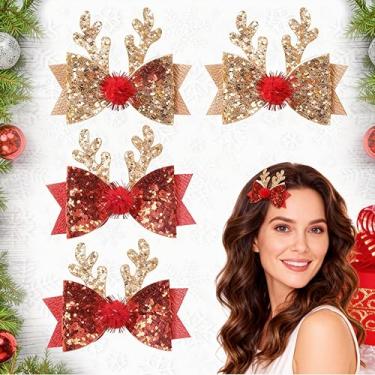 Imagem de 4 peças de grampos de cabelo de Natal laço de Natal acessórios de cabelo bonitos chifres de rena orelhas glitter lantejoulas presilhas de cabelo presilhas de cabelo para meninas mulheres crianças