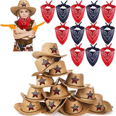 Imagem de Tarpop Conjunto de 12 chapéus de caubói de palha para crianças com bandanas de caubói para festa de caubói com cabeça de bandana, chapéu de palha de caubói a granel para o verão, crianças, crianças