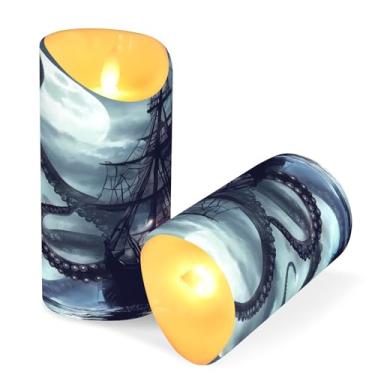 Imagem de Blueangle Pacote com 2 velas sem chama de navio pirata com controle remoto e temporizador, velas LED cintilantes (7,6 cm x 15 cm) para decoração de casa, casamento, acampamento (93)